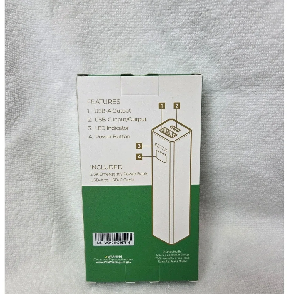 HALO 2.5k Emergency Power Bank Green USB-A, USB-C cable travel Brand New